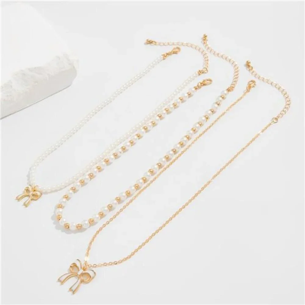 3 Pcs Gold Tone and Faux Pearl Layered Chunky Statement Stackable Necklaces - Picture 4 of 6